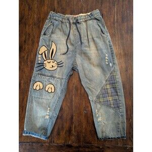 SURVEV Graffiti Bunny Pants M Denim Jeans Plaid Patchwork Distressed Baggy